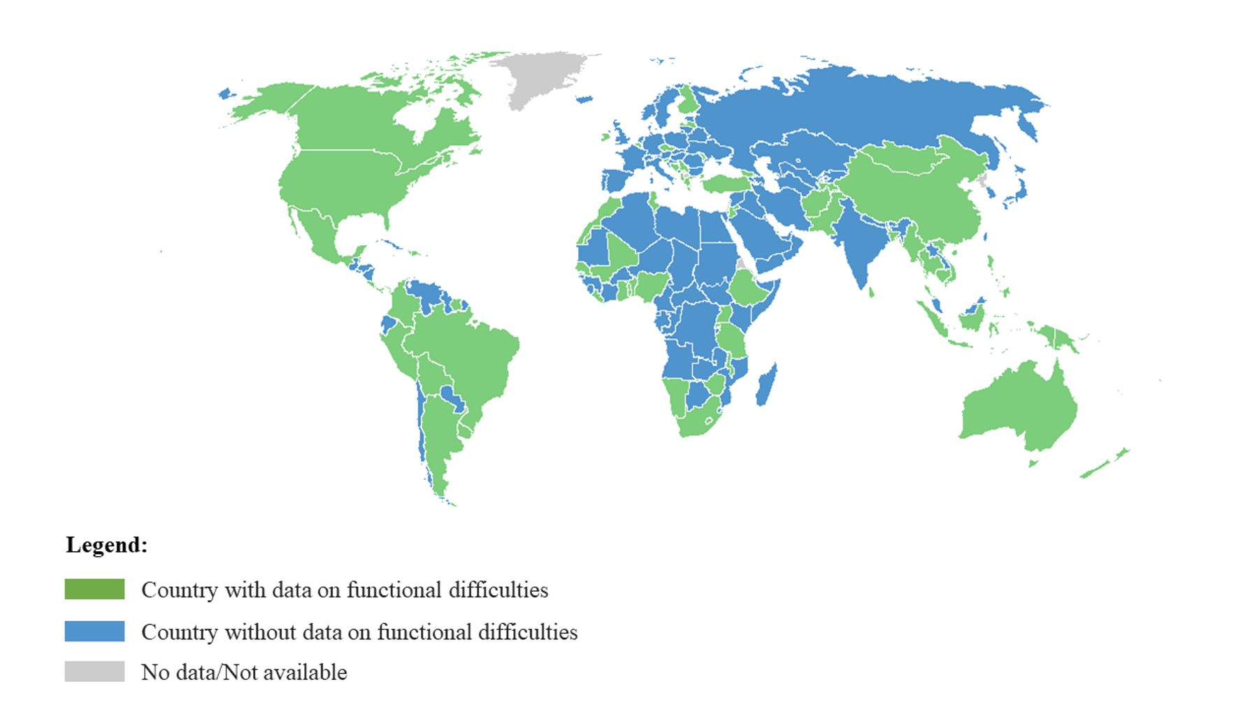 Map of the world showing countries with and without functional difficulty questions on national censuses or surveys.