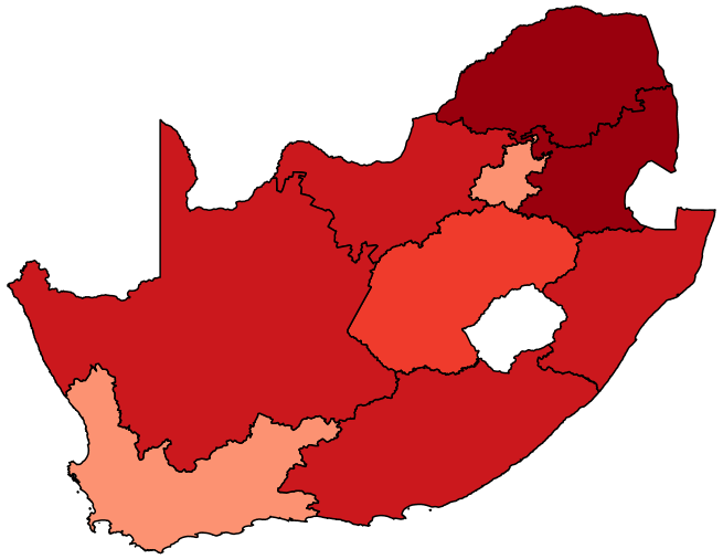 Figure 1c maps the share of adults with at least a lot of difficulty at the regional level in South Africa