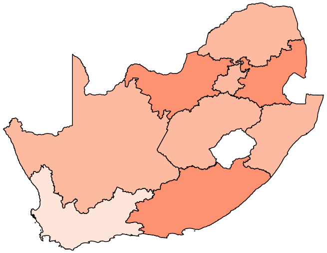 Figure 1a maps the share of adults with no difficulty at the regional level in South Africa