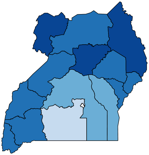 Figure 1b maps the share of adults with some difficulty at the regional level in Uganda 